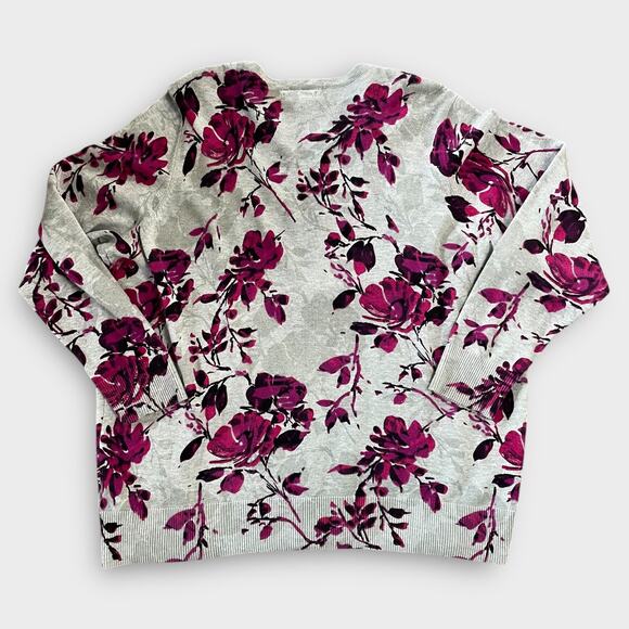 CROFT BARROW COTTON FLORAL CARDIGAN SWEATER 2X GRAY PINK PURPLE BOHO LIGHTWEIGHT - Picture 2 of 9